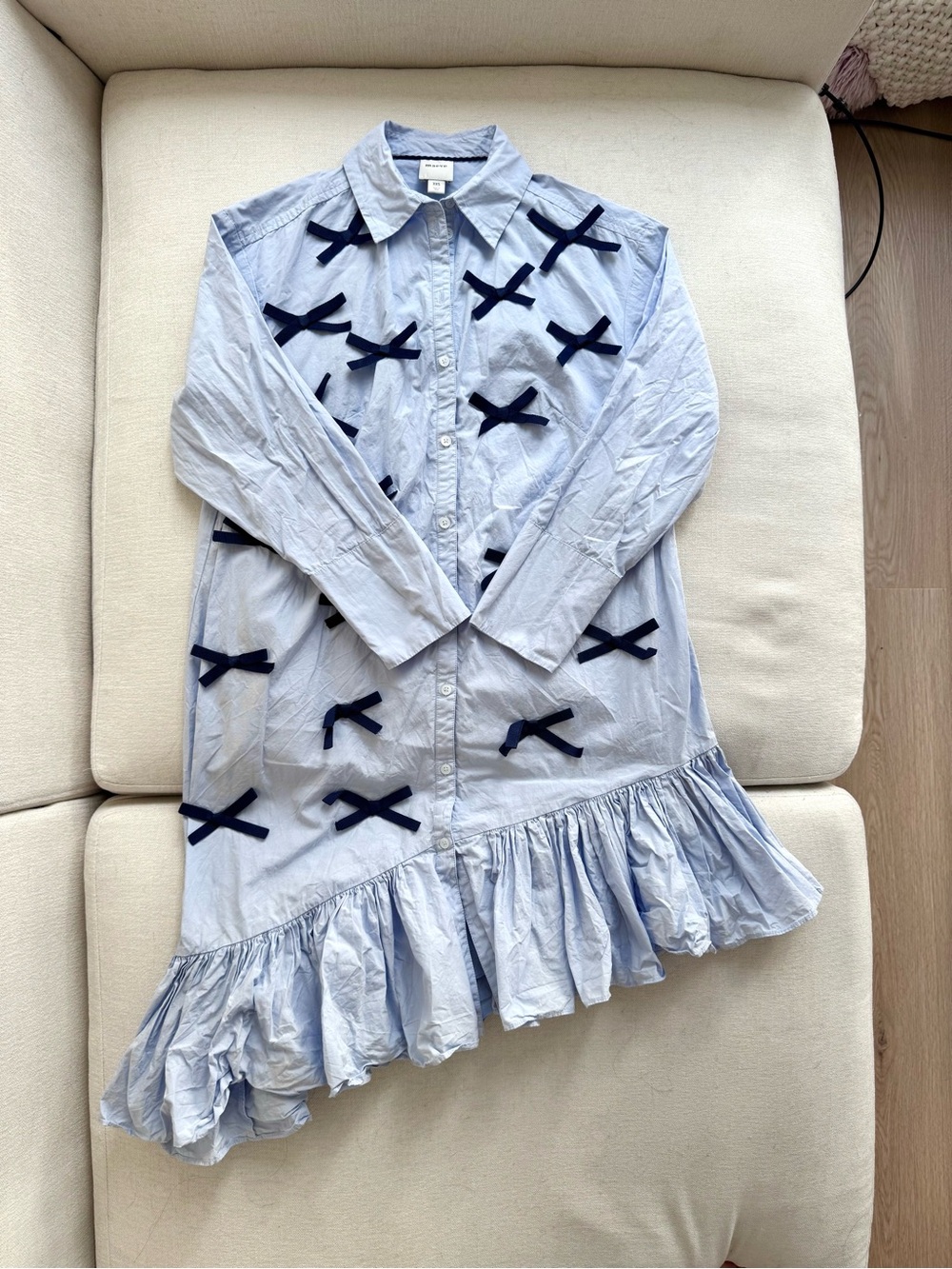 NWOT Anthropologie 3D Bow Asymmetrical Shirt Dress — Blue (XXS — fits like XS)
